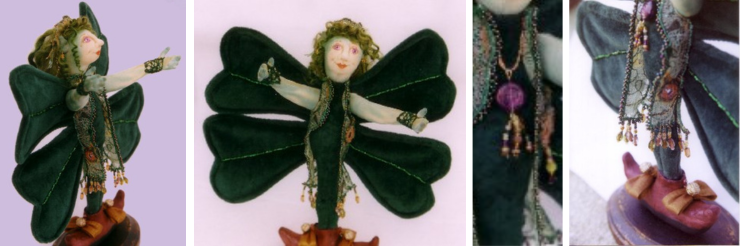 Tamdoll's Shamrock fairy sewn doll with velvet green body and wings, hand embellished beaded vest and painted features.