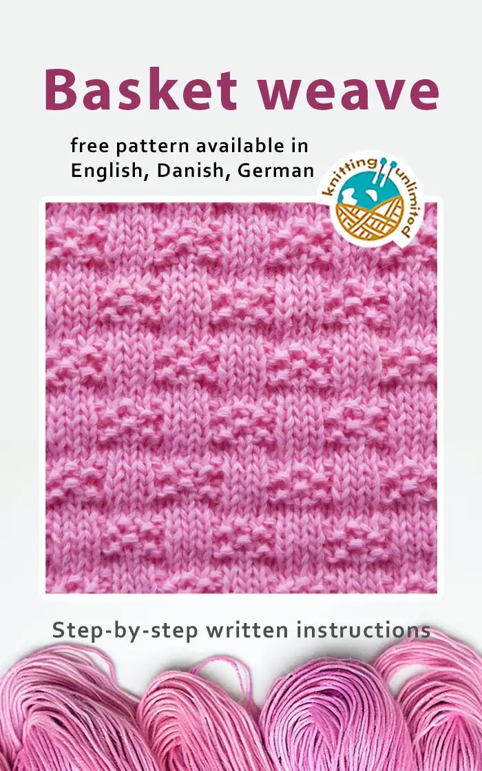 Basket weave stitch, with a free pattern available in English, Danish, and German.