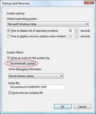 Disabling / Turning off system automatic restart on system failures