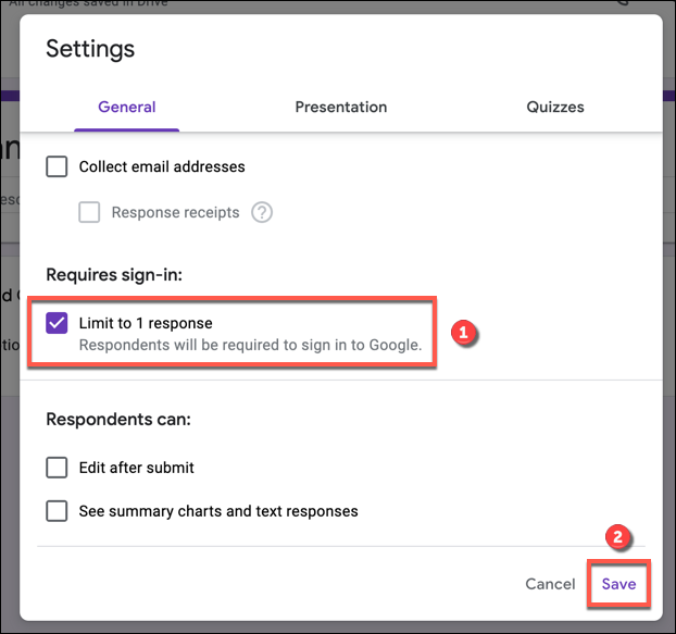 في قائمة "الإعدادات" ، اضغط على خيار "Limit to 1 Response" ، ثم اضغط على "Save" للتأكيد.