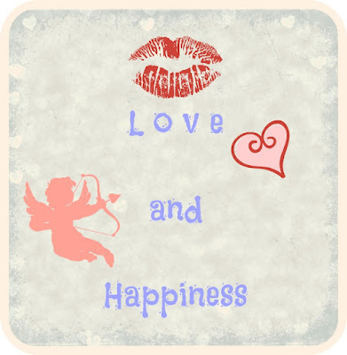 Imagem de banner "Love and Happiness", com cupido, marca de beijo e coração.