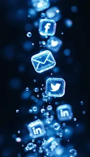 Luminous social media icons drift through a deep blue atmosphere, creating a mesmerizing display of digital connectivity.