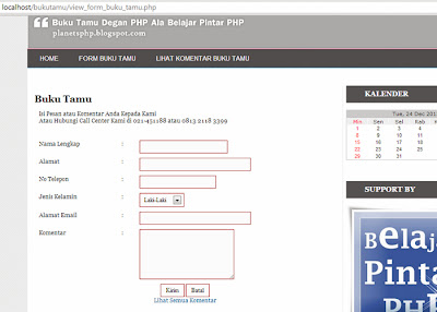 Halaman form buku tamu ala belajar pintar php