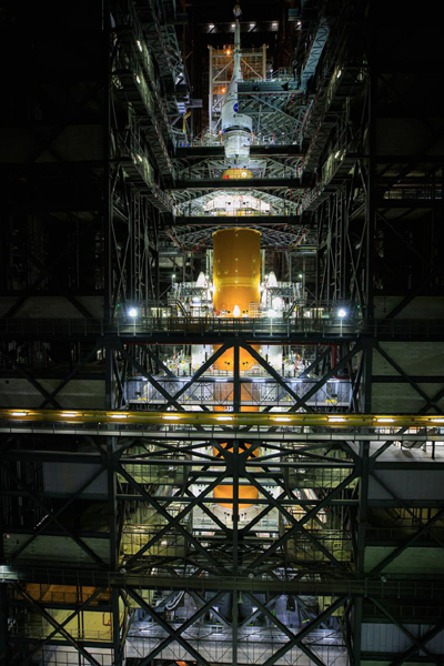 The Orion Artemis 1 capsule is about to be soft-mated to NASA's Space Launch System rocket inside High Bay 3 of Kennedy Space Center's Vehicle Assembly Building in Florida...on October 20, 2021.