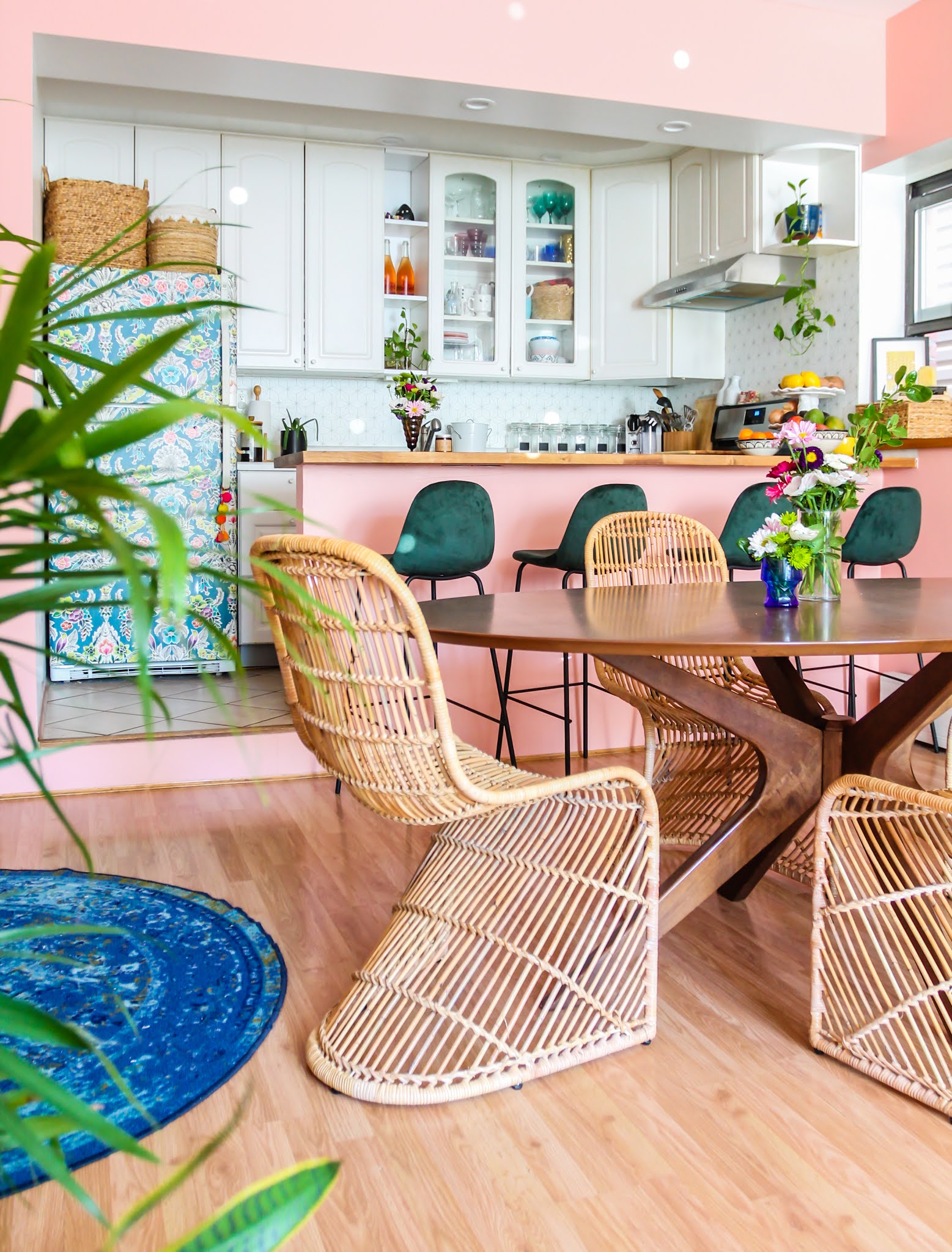 pink and green decor // green barstools // pink kitchen // diy wallpaper fridge // pink and green kitchen // colorful homes // Megan Zietz  Apartment // TfDiaries // pink and green room // pink and green Inspo // barstool inspo // velvet barstools // in mod Sigfred barstool // Green Velvet Mid Century Barstools