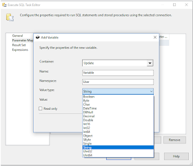 SSIS SQL Task Add Variable Value Type