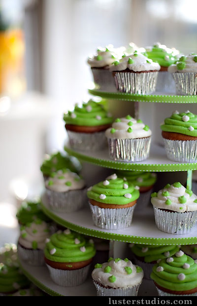 Wonderful green and white wedding cupcake inspiration with silver cupcake