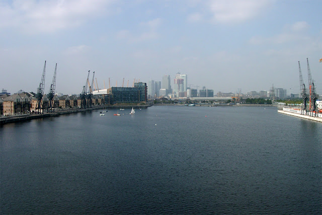 Royal Victoria Dock and Canary Wharf, seen from the Royal Victoria Dock Bridge, London
