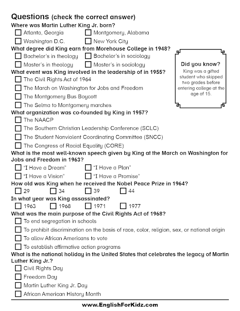 Martin Luther King Jr. questions worksheet for school students