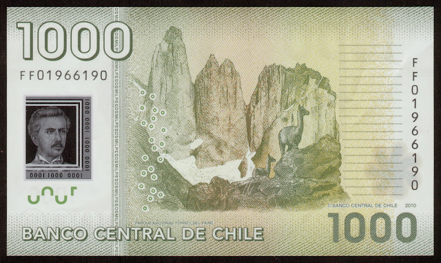 Chilean money currency 1000 Pesos banknote 2010 Torres del Paine National Park