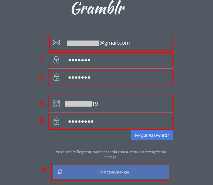 Cadastrando-se no Gramblr para postar foto no Instagram