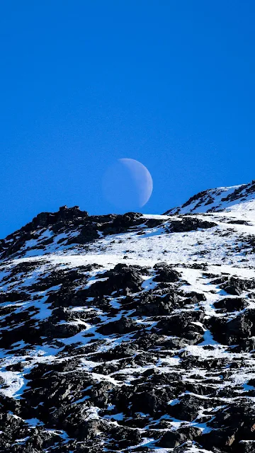 Moon, Mountains, Snow, Blue Sky HD Wallpaper Image