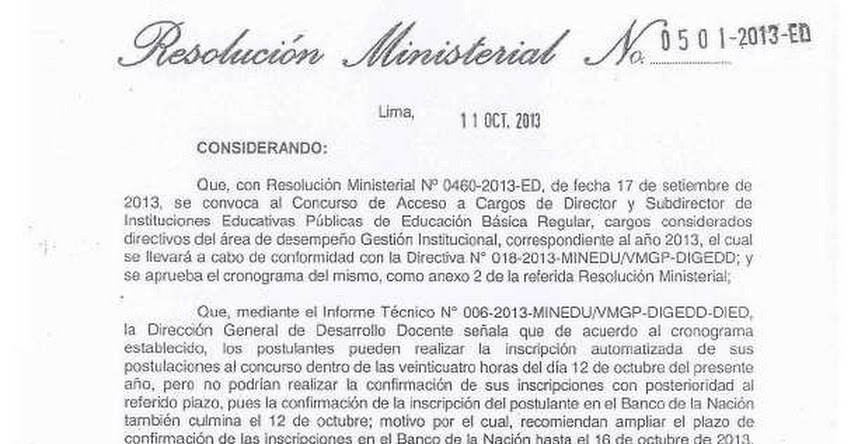 R. M. N° 0501-2013-ED - Resolución Ministerial que Modifica el numeral 5 del Anexo 2 de la Resolución Ministerial N° 0460-2013-ED, respecto al Cronograma del Concurso de Acceso a Cargos de Director y Subdirector de Instituciones Educativas Públicas de Educación Básica Regular - 2013 - MINEDU - www.minedu.gob.pe