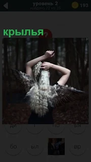 На фоне темного леса стоит женщина, у которой на спине крылья