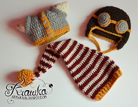 Krawka: Set of three crochet hats for a newborn - aviator, elf and viking hats. Props for a photo session of a newborn baby. 