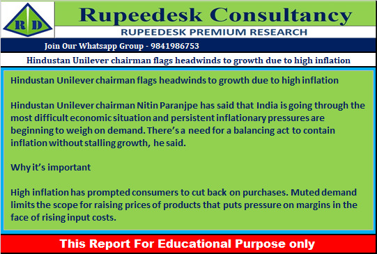 Hindustan Unilever chairman flags headwinds to growth due to high inflation - Rupeedesk Reports - 24.06.2022