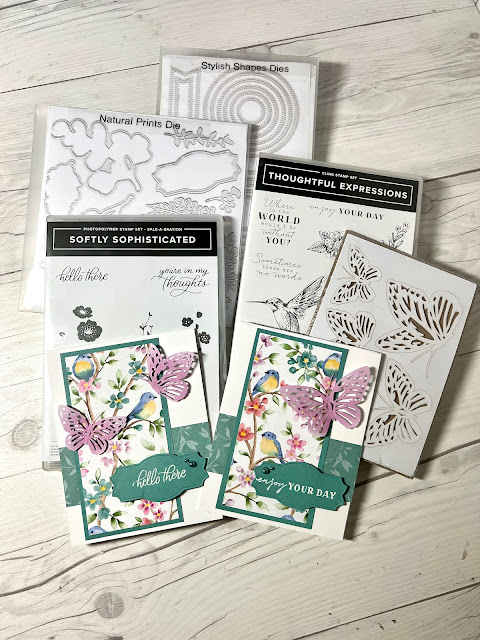 Stamps and Dies used to create a greeting card showcasing Flight & Airy Designer Series Paper from Stampin ' Up!