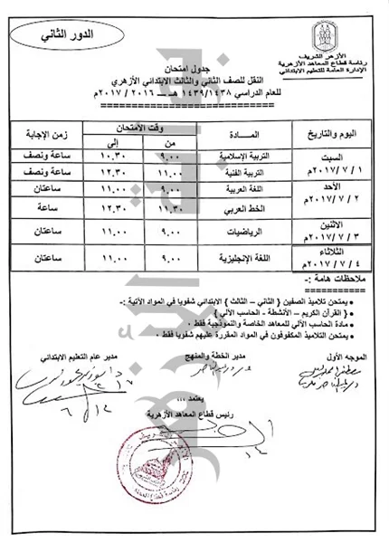 بالصور جدول امتحانات الملاحق والدور الثانى لجميع مراحل النقل والشهادات الازهرية 2017 