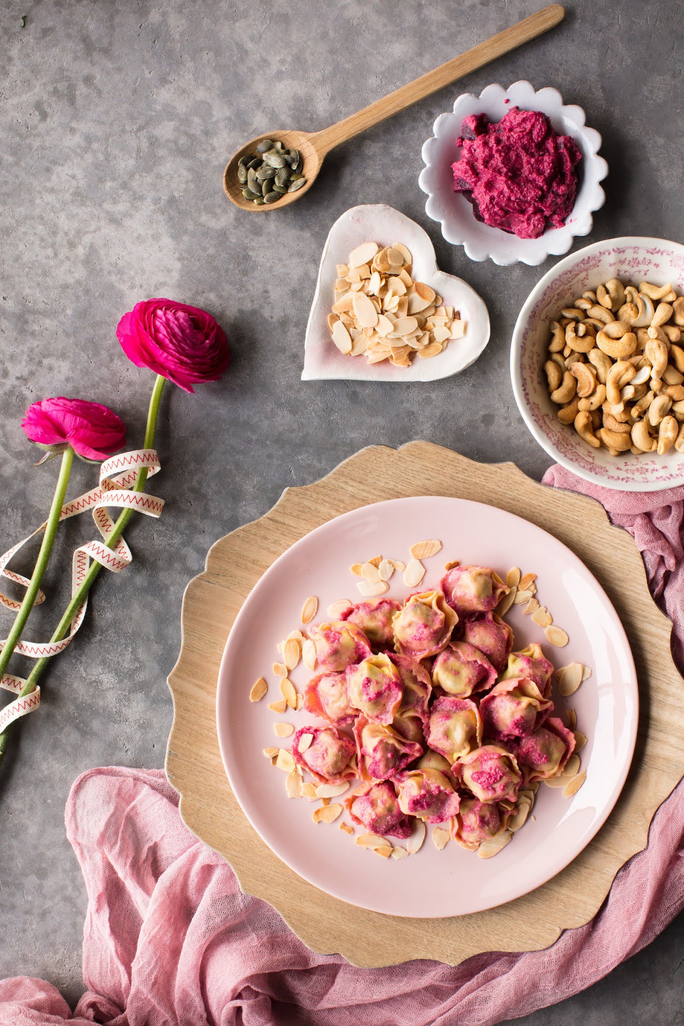 Prosciutto Cotto & Mozzarella Tortelloni with Beetroot and Almond Pesto