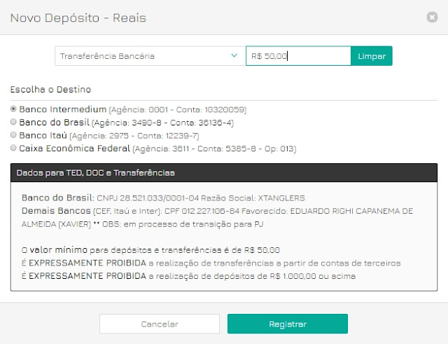 Deposito xtangle IOTA reais banco