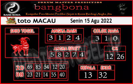 Prediksi Bangbona Toto Macau Senin 15 Agustus 2022