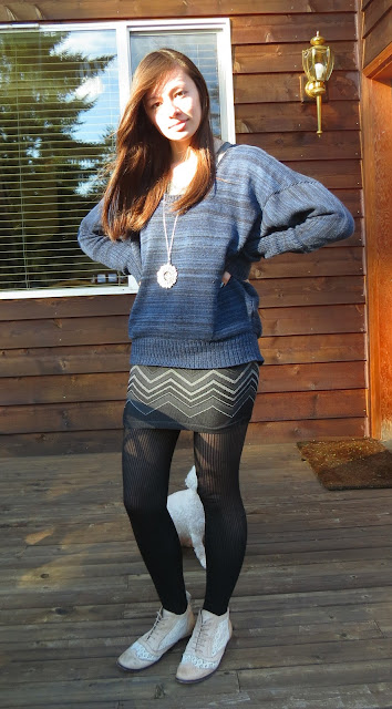 outfit blue sweater bodycon dress zig zag cream boots black tights ribbed bishon frise