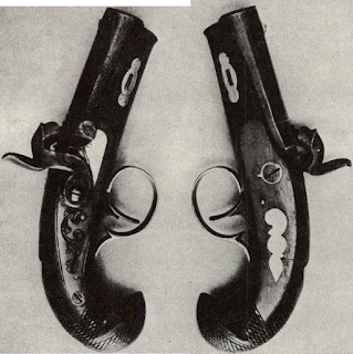 Pistols by Henry Deringer were sold in pairs. Some were cased with mould, flask, loading rod, but often they were carried in chamois bags in the pocket, or loose and ready to go. Specimens shown from C. C. Snook, Richmond, Va. collection are like new and unmarked except for numbers 6 and 7 stamped under barrels and in fore-end. Two dealers consider them unmarked but genuine Philadelphia Deringers. Possibility is, that gunmaker did not mark some guns shipped South after 1860 to avoid giving evidence he was trafficking with Secession States.