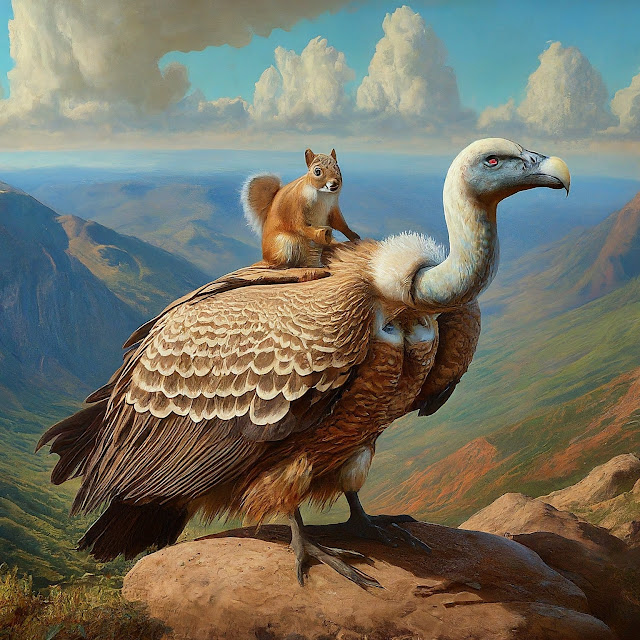 Red Squirrel on a Cape Vulture generated by Bard, a large language model from Google AI.