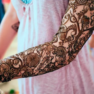 An intricate henna tattoo with flowers and vines covering the arm