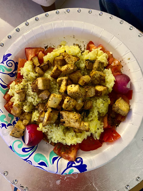 tofu over tomatoes and yellow rice