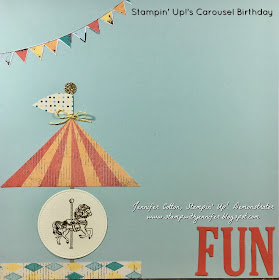 This 12x12 scrapbook page uses Stampin' Up!'s Carousel Birthday stamp set.  It also uses: Gold Glimmer Paper, Cupcakes & Carousels Designer Paper, Cupcakes & Carousels Embellishment Kit, Stitched Shapes and Large Letters Framelits, Gold Embossing Powder, VersaMark Pad, and Heat Tool!!  #staminup #stamptherapist www.stampwithjennifer.blogspot.com