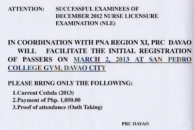 PRC Davao announced registration for December 2012 NLE Passers