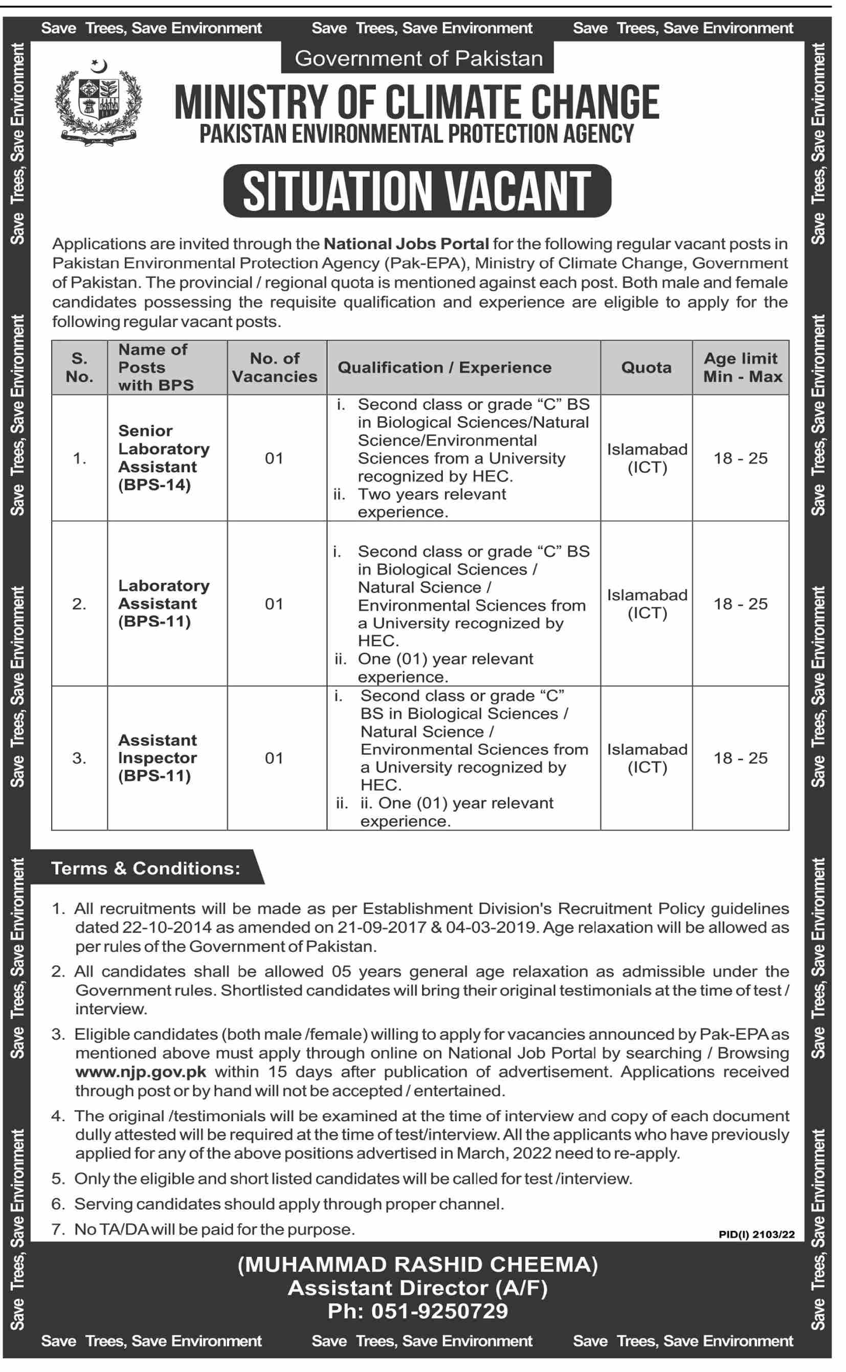 Ministry Of Climate Change Pakistan Environmental Protection Agency Jobs Islamabad