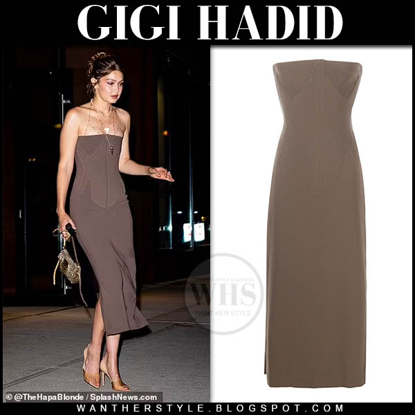Gigi Hadid in brown strapless dress at New York Fashion Week