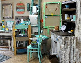 farmhouse, rustic hutch, barnwood, fall display, old drawer shelf, ceiling tin, http://goo.gl/CJQLRN