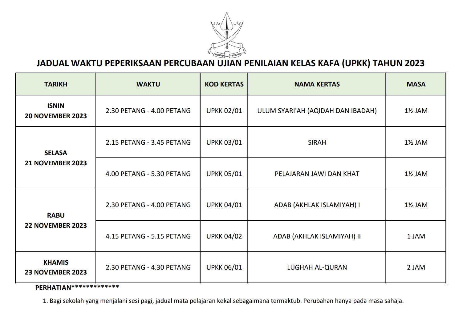 Jadual Waktu Peperiksaan Percubaan UPKK Tahun 2023