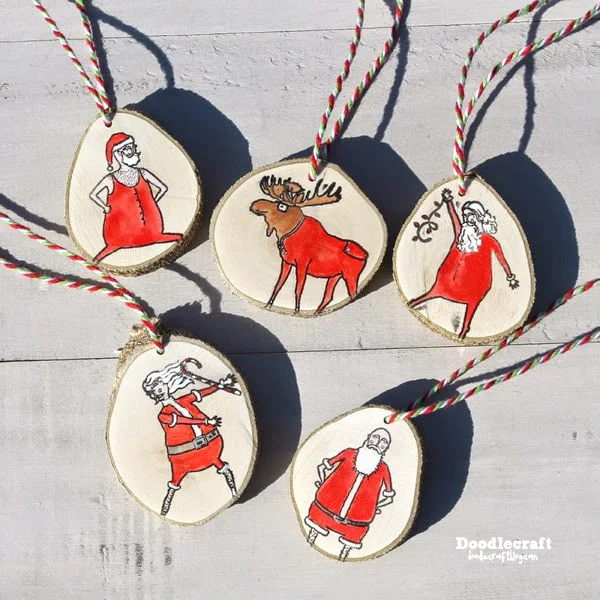 rubber stamp and painted wood slice ornaments with Stampin up Vision of Santa