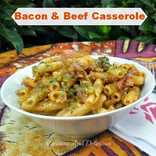 Bacon and Beef Casserole ~ a Rich, delicious tomato double meat pasta casserole