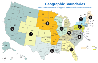 Map showing the what states belong to which Federal circuit Court of Appeals