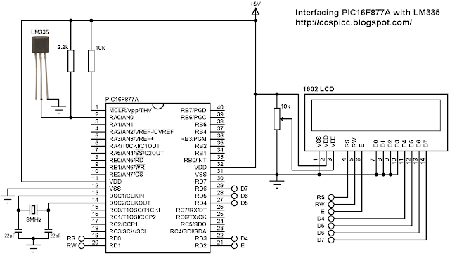 PIC16F877A with LM335 temperature sensor circuit