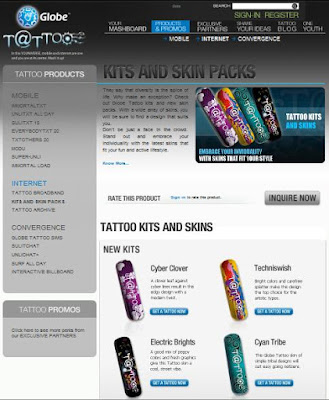 A screenshot of the Globe Tattoo Broadband New Skins' page