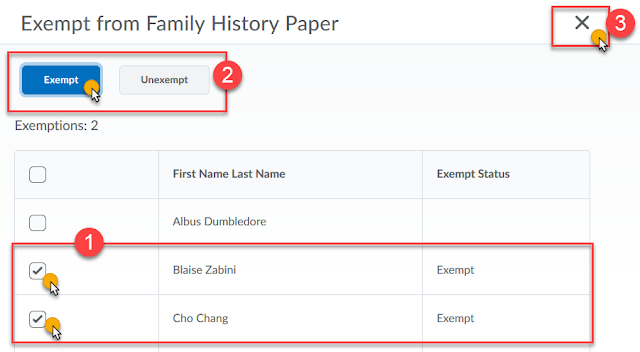 screenshot of the Manage Exemptions page with two students selected, clicking on Exempt button, and a red box highlighting the exit x at the top right of the page