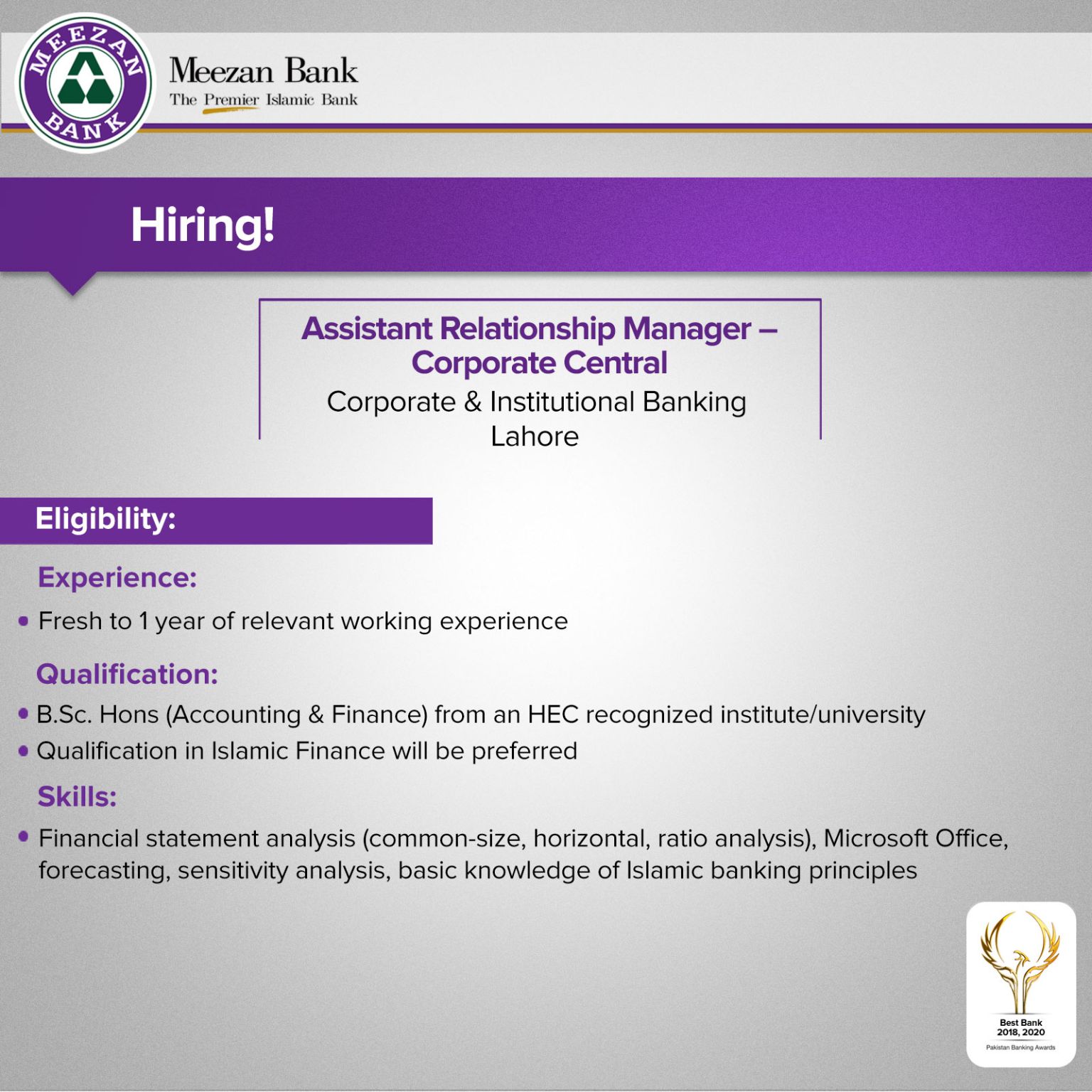 Meezan Bank is looking to hire Assistant Manager - Corporate Central
