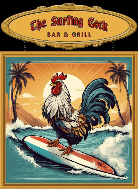 bar and grill sign with rooster surfing
