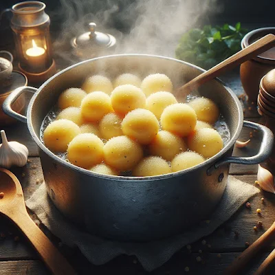 Auf dem Bild sieht man einen Kochtopf mit heißem Wasser in dem Kartoffelklöße garziehen. Sie sehen sehr appetitlich aus.