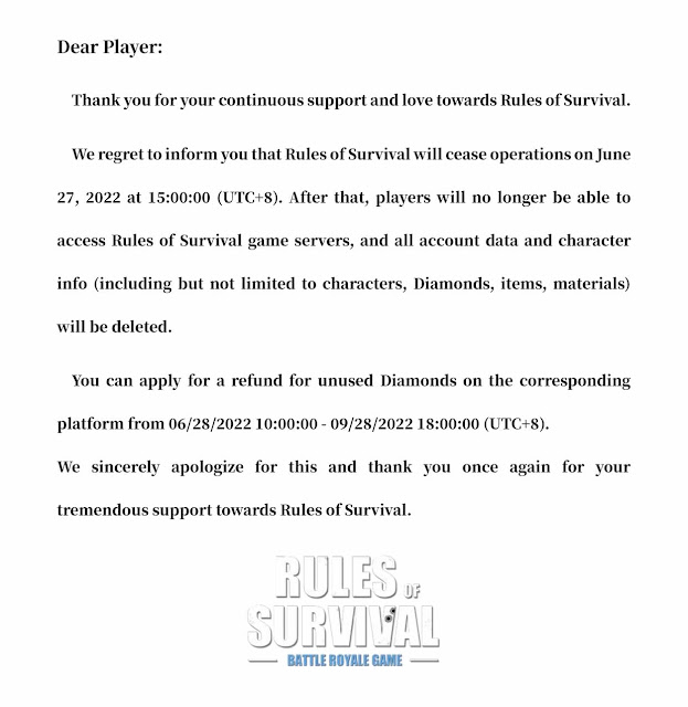 Rules of Survival - statement regarding game closure