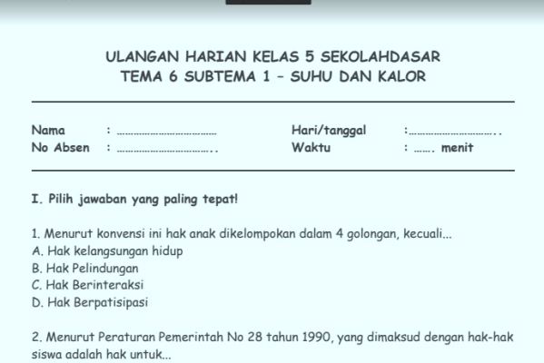 Soal Ulangan Harian K13 Kelas 5 Tema 6 Subtema 1