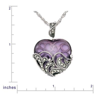 Sterling Silver Marcasite and Gemstone Colored Glass Heart Pendant Necklace