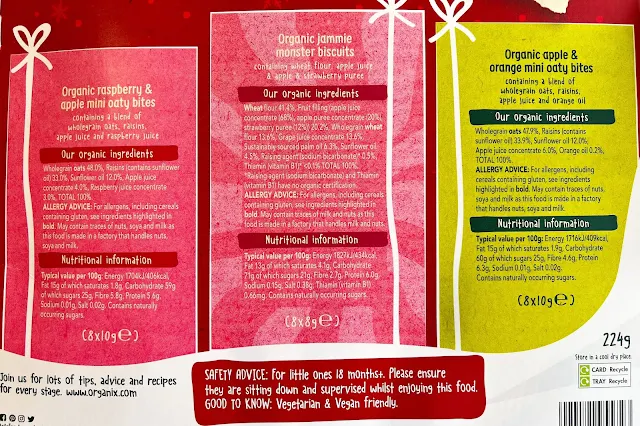 a photograph of the ingredients and nutritional information provided on the back of the Organix advent calendar