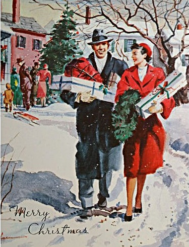American Christmas: 1950's couple on Christmas errands